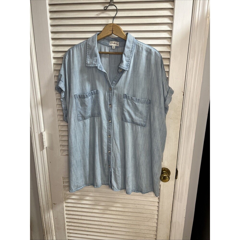 Wonderly Women's Blue Denim  Button Down Shirt Top 3X